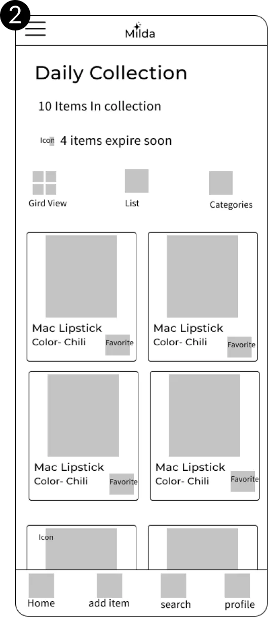 Milda Case Study Wireframes Collection Page