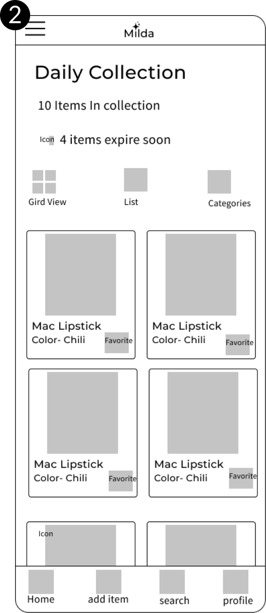 Milda Case Study Wireframes Collection Page
